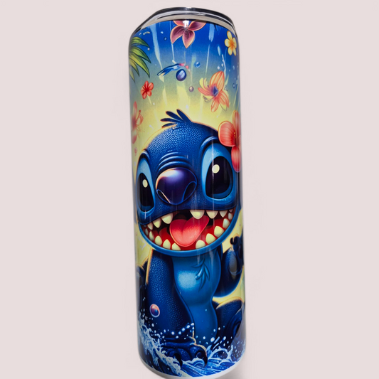 20oz Stainless Steel tumbler with cute blue cartoon figure design, comes with straw and cleaning brush