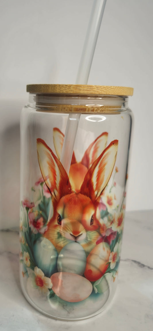 16oz Easter Bunny glass can with straw & cleaning brush