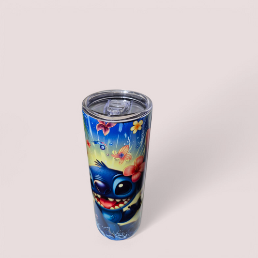 20oz Stainless Steel tumbler with cute blue cartoon figure design, comes with straw and cleaning brush
