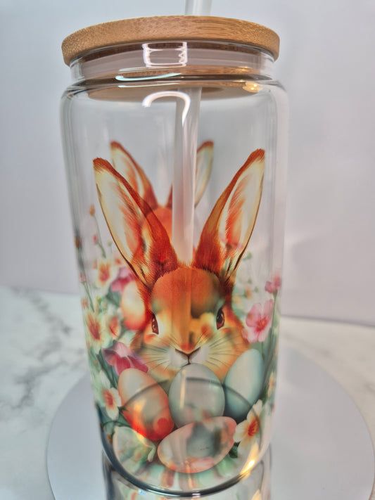 16oz Easter Bunny glass can with straw & cleaning brush